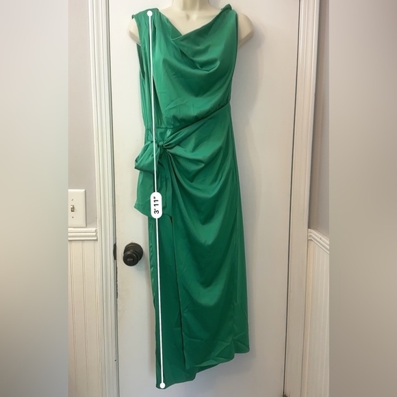 Merokeety Women’s Large Green One-Shoulder Satin Wrap Midi Dress with Slit - Picture 7 of 12